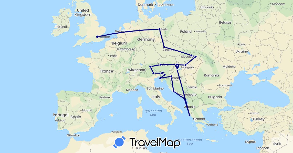 TravelMap itinerary: driving in Austria, Czech Republic, Germany, United Kingdom, Greece, Croatia, Hungary, Italy, Montenegro, Slovenia, Slovakia (Europe)